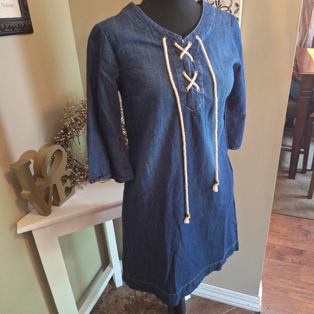 Y2K Vibes Blue Denim Jean Tunic Dress with Lace-Up Detail Bell Sleeve Sz XS